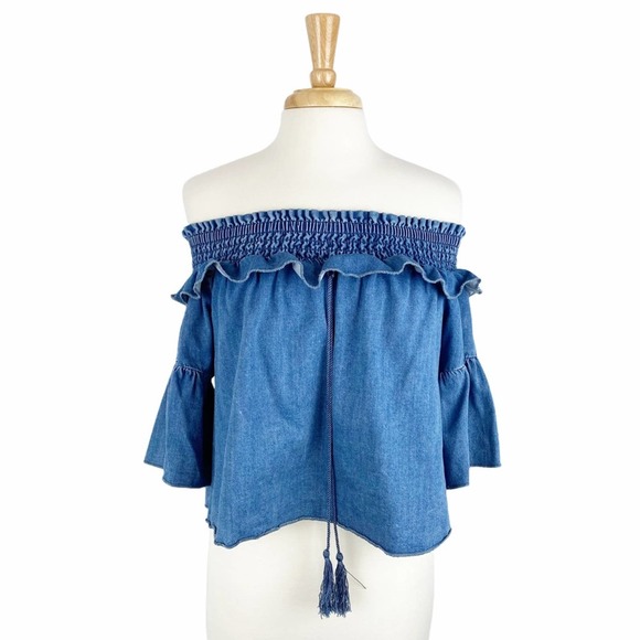 Bebe Women's Denim Off Shoulder Ruffle Boho Top XS - Picture 1 of 8